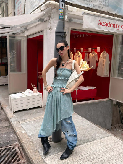 DEAT Fashion Distressed Ripped Wide Leg Jeans Women's Low Waist Frayed Hem Blue Denim Pants Summer New 7A4508
