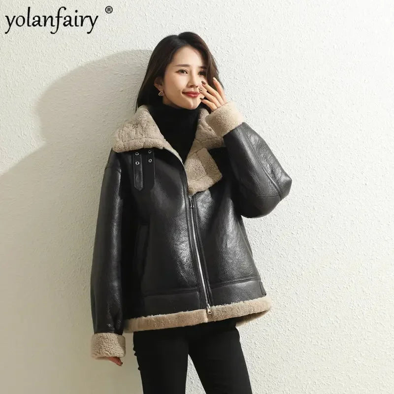Trend Winter Natural Fur Coat Women’s Real Sheep Shearing Fur Jacket Female Sheepskin Coats Lamb Fur Motorcycle Jacket Manteaux