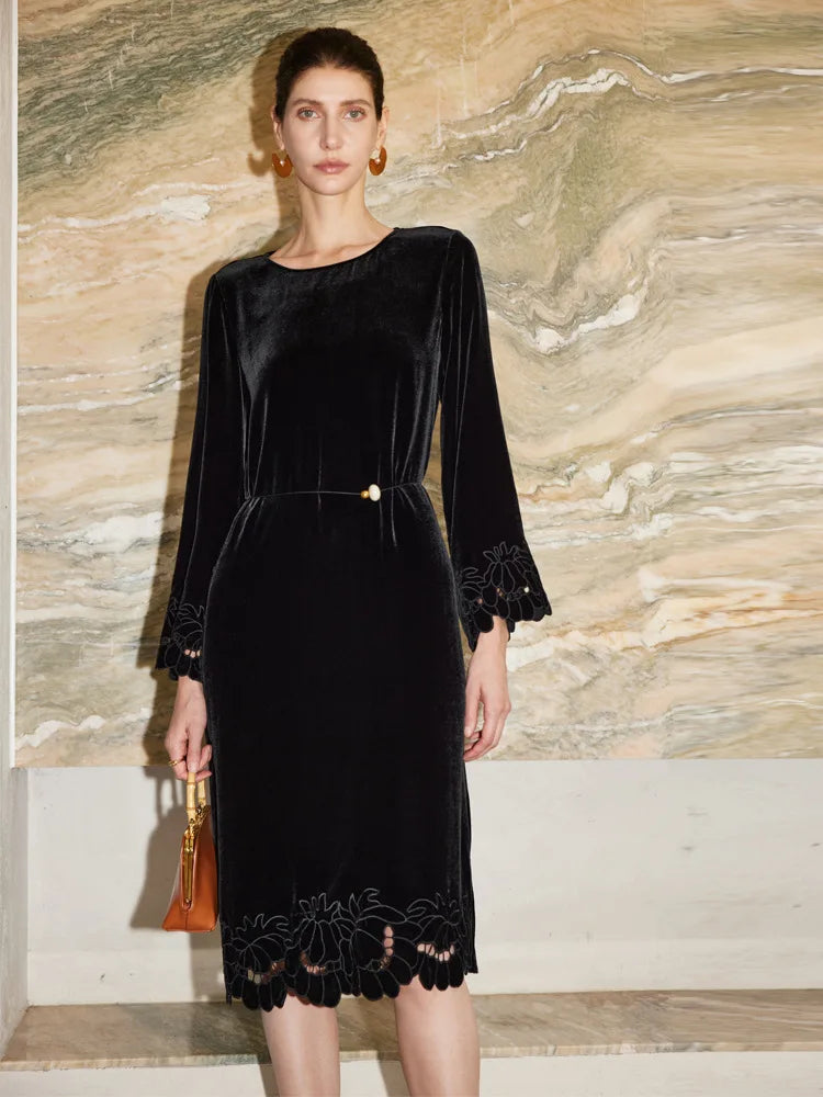 SuyaDream, Women Velvet Dresses, 100%Real Silk, O Neck, Embroidery Black Mid Dress, 2026 Spring Summer Elegant Cloth