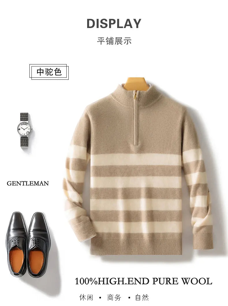 Men's 100% Merino Wool Sweater Half-high Collar Half Zip Thick Pullover Autumn Winter Cashmere Stripe Knitwear Long Sleeved Tops