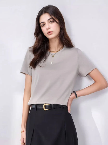 SuyaDream Women Solid T shirts, Silk Cotton Blend, O Neck, Short Sleeved Solid Tee,2025 Summer Candy Colors Basic Cozy Top Green