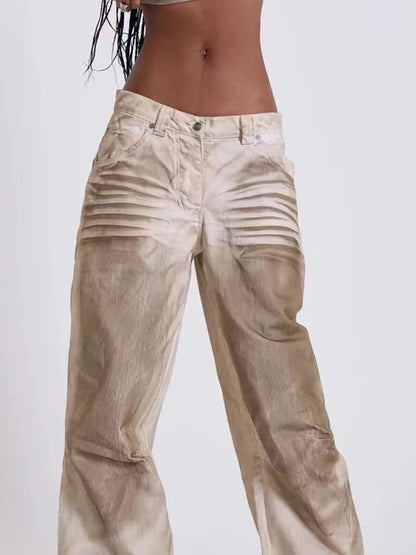 DEAT Fashion Dirty Dyed Jeans Women's High Waist Loose Straight Wide Leg Denim Pants Summer New 7A609