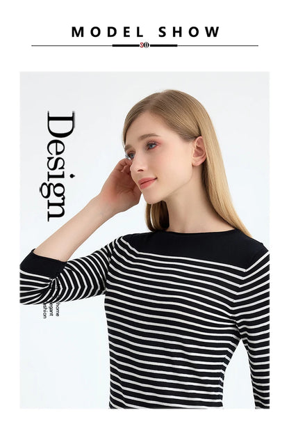 SuyaDream, Striped Pullovers for Woman, Round Neck, 45%Silk 55%Lyocell, 3/4 Sleeves, Chic Sweaters, 2025 Fall Winter Top, Black
