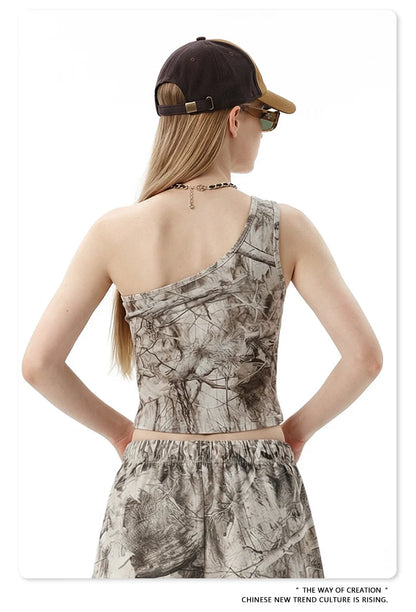 Custom LOGO women's 315G cotton polyester summer short front shoulder camouflage short-sleeved T-shirt vest casual sports suit