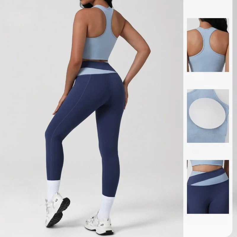 New Women's Color-Block Yoga Outfit Set Back Beauty Fitness Tank Top Long Sleeve Coat Hip-Lifting Leggings Running Fitness Set