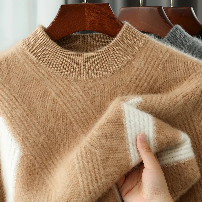 2025 Winter New Product Launch Men's Round Neck Jacquard Cashmere Knit Pullover 100% Pure Wool Men's Sweater Casual Thick Warm
