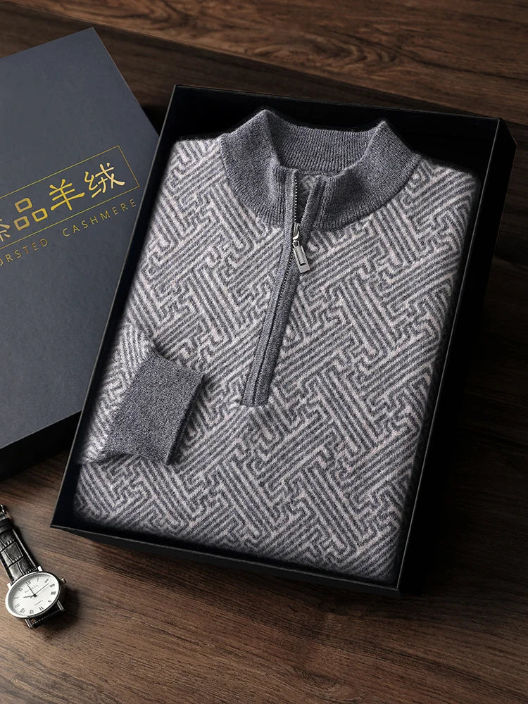 Men's 100% Merino Wool Jacquard Sweater Mock Collar Half Zip Thick Pullover Autumn Winter Cashmere Knitwear Long Sleeved Top
