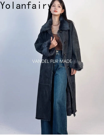YOLANFAIRY Real Goatskin Leather Fur Coats for Women Winter High-end Natural Fur Coat Lazy Style Long Leather Jacket Luxury Wear