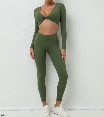 Yoga Set Women Clothes Workout Set 2 Pieces Sportswear Gym Clothing Fitness Long Sleeve Crop Top High Waist Leggings Sports Suit
