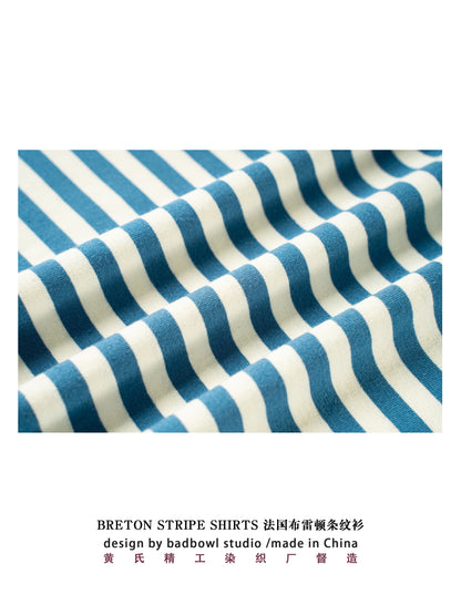American retro striped long sleeved T-shirt for men, heavy-duty cotton washed T-shirt, oversized casual Henry collar base shirt
