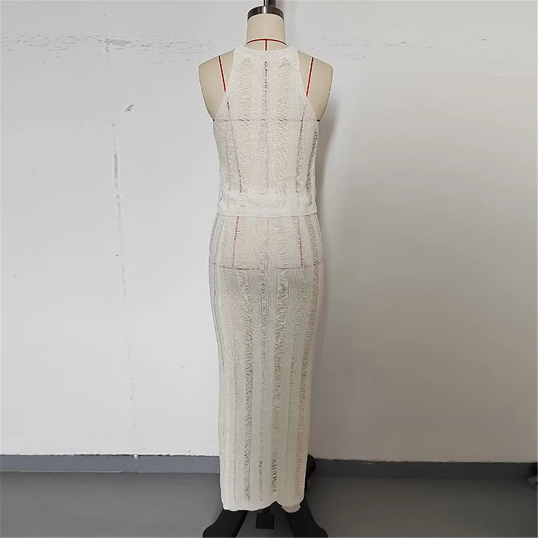 New Sleeveless Crochet Knitted 2 Pieces Suits Tunic Beach Cover Up Cover-ups Beach Dress Beach Wear Beachwear Female Women V6717