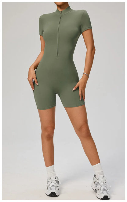TRY TO BN Sports Jumpsuit Zipper Short Sleeves Yoga Sportswear Fitness Workout Bodysuit One Piece Suits Tights Gym Woman Clothes