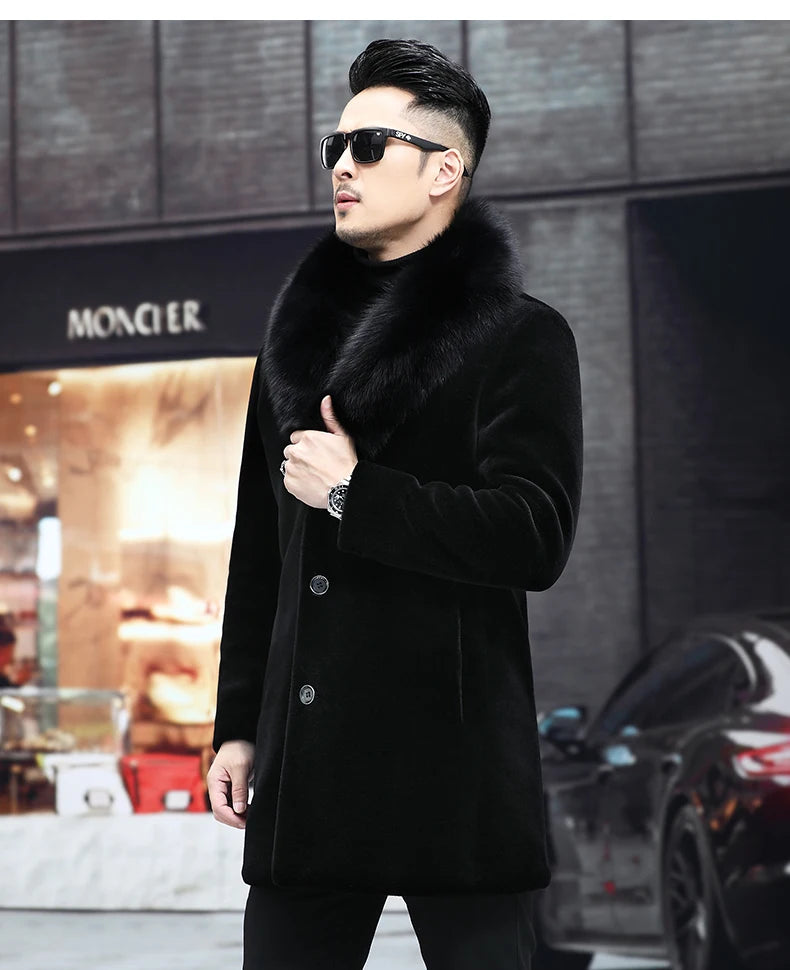 6XL Winter Jacket for Men Sheep Shearling Down Coat Men's Large Fur Collar Midi Long 100% Wool Real Fur Coats and Jackets FCY