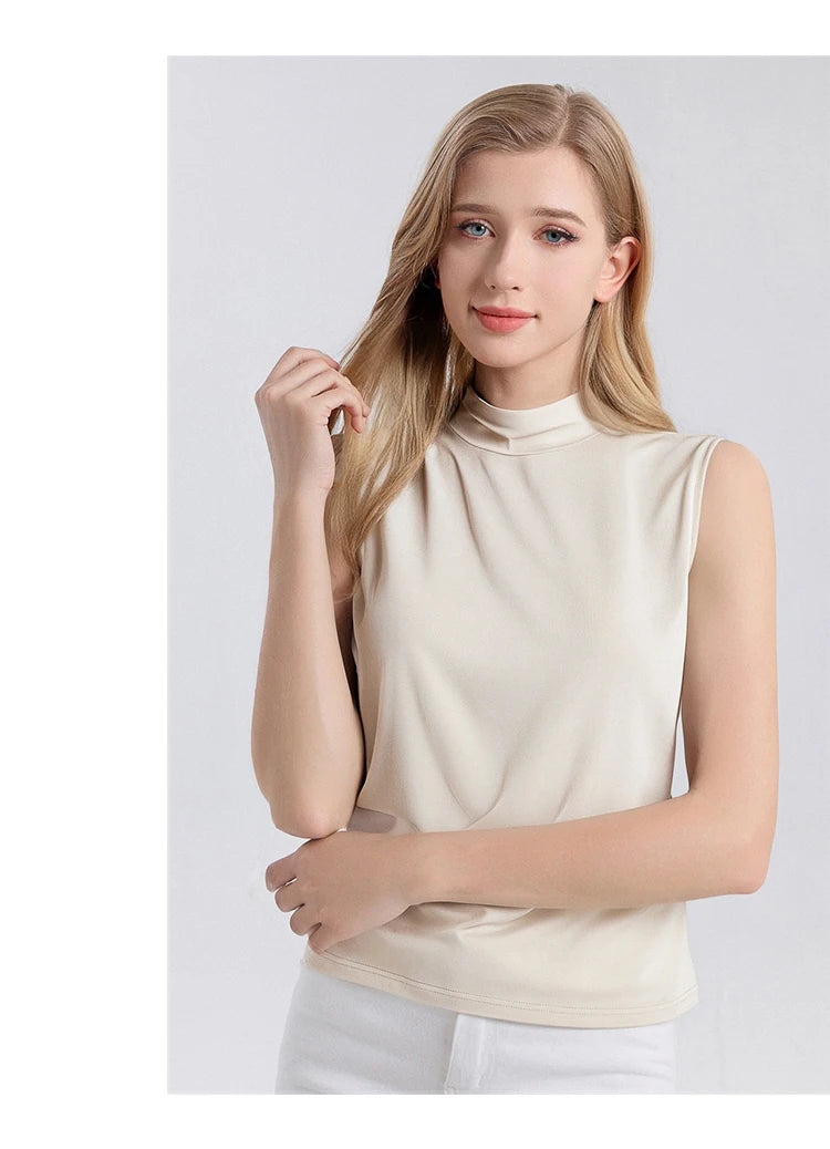 SuyaDream. Women Solid Tanks, 92%Real Silk, Mock Neck, Sleeveless Chic T Shirt, 2025 Solid Summer Vests