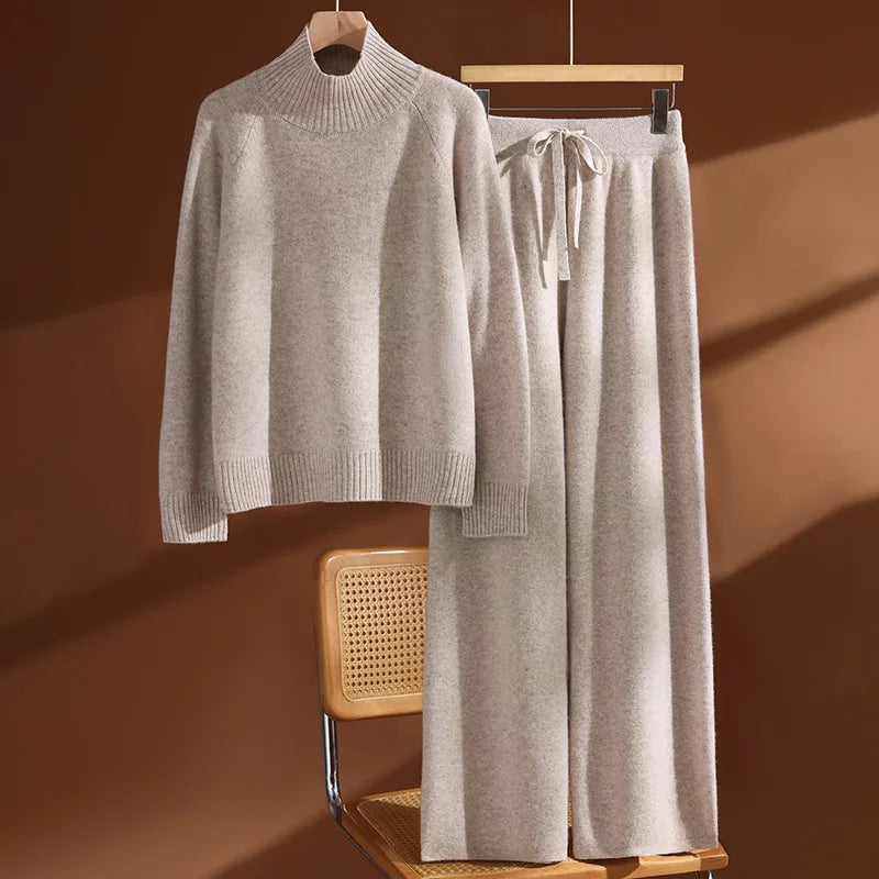 CHICUU Women's 100% Wool Sweater Pants Set Thick Mock Neck Pullover Wide Leg Pants Autumn Winter Warm Casual Wool Knitwear Suit