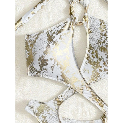 Sexy Tummy Cut Out Leopard Snakeskin Women Swimwear One Piece Swimsuit Female Halter High Cut Leg Bather Bathing Suit Swim V7972
