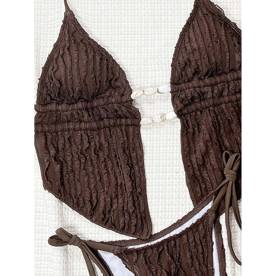 Wrinkled Tankini Halter Bikini Women Swimwear Female Swimsuit Two-pieces Bikini set High Cut Leg Bather Bathing Suit Swim V7154