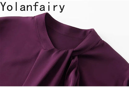 YOLANFAIRY 93% Real Mulberry Silk Shirts for Women Spring 2026 Elegant Solid Long Sleeve Shirt Woman Top Ribbon OL Blouses Trend