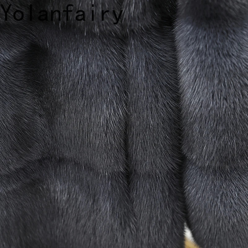 YOLANFAIRY Real Fur Coat Women Winter High Quality Mink Fur Jackets for Women Mid-length Natural Fur Coats Black Mink Jacket