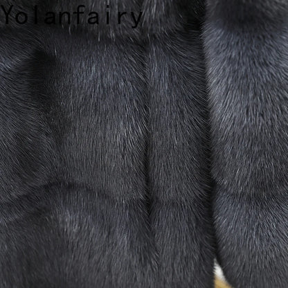 YOLANFAIRY Real Fur Coat Women Winter High Quality Mink Fur Jackets for Women Mid-length Natural Fur Coats Black Mink Jacket