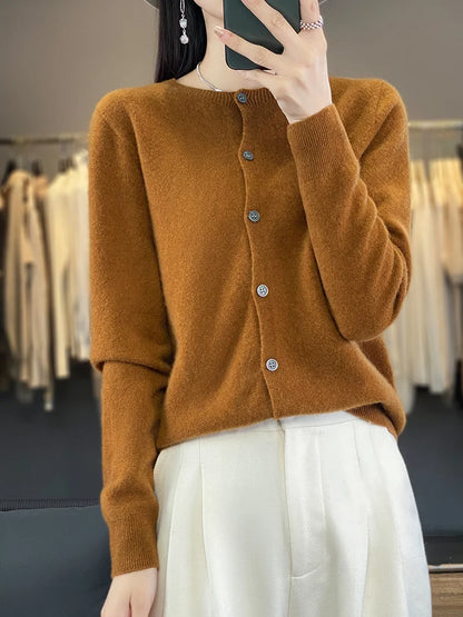 100% Merino Wool Sweater Women O-Neck Cardigan Basic Style  Buttoned Knitwear Female Casual Autumn Winter Soft Tops