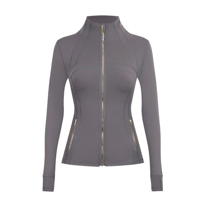 Personalized LOGO custom women's gold zip jacket tight stand-up collar quick-drying fitness running yoga suit 41-color S-3XL top