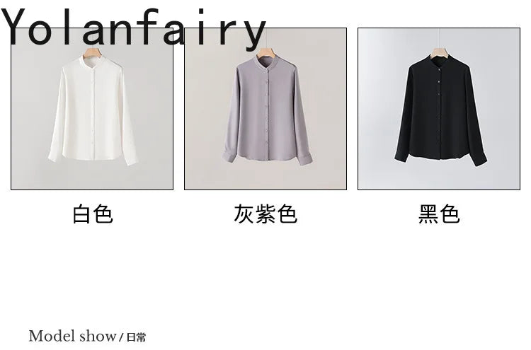 YOLANFAIRY 93% Natural Mulberry Silk Shirts Woman 2026 Stand Collar Long Sleeve Blouse Women Elegant White Shirt OL Ladies Tops