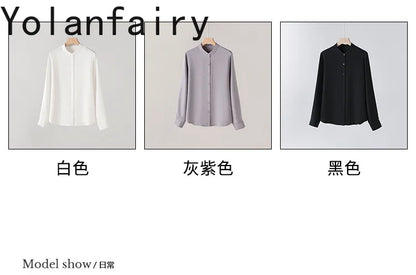 YOLANFAIRY 93% Natural Mulberry Silk Shirts Woman 2026 Stand Collar Long Sleeve Blouse Women Elegant White Shirt OL Ladies Tops