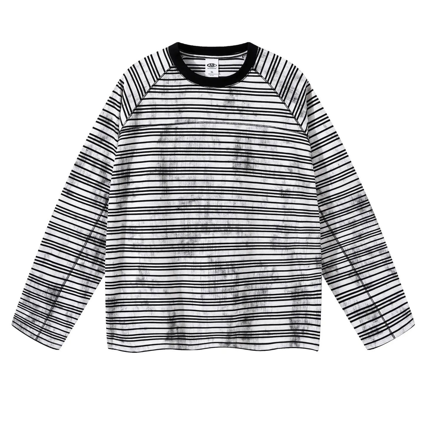 Custom LOGO Men's Cotton Polyester 210G Retro Dirty Dyeing Room Strips Shoulder Rugged Couple Long Sleeve Knitted T-Shirt Top