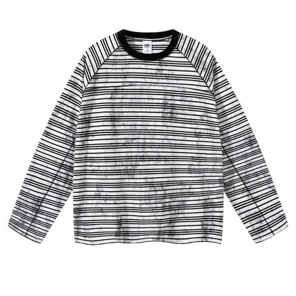 Custom LOGO Men's Cotton Polyester 210G Retro Dirty Dyeing Room Strips Shoulder Rugged Couple Long Sleeve Knitted T-Shirt Top