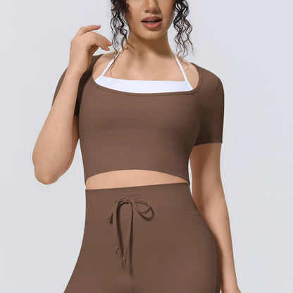 Yoga Sexy Dance Clothes High Elastic Sports T-shirt Women Fitness Top Short Sleeves Running Shirts Gym Push Up Workout Top Tee