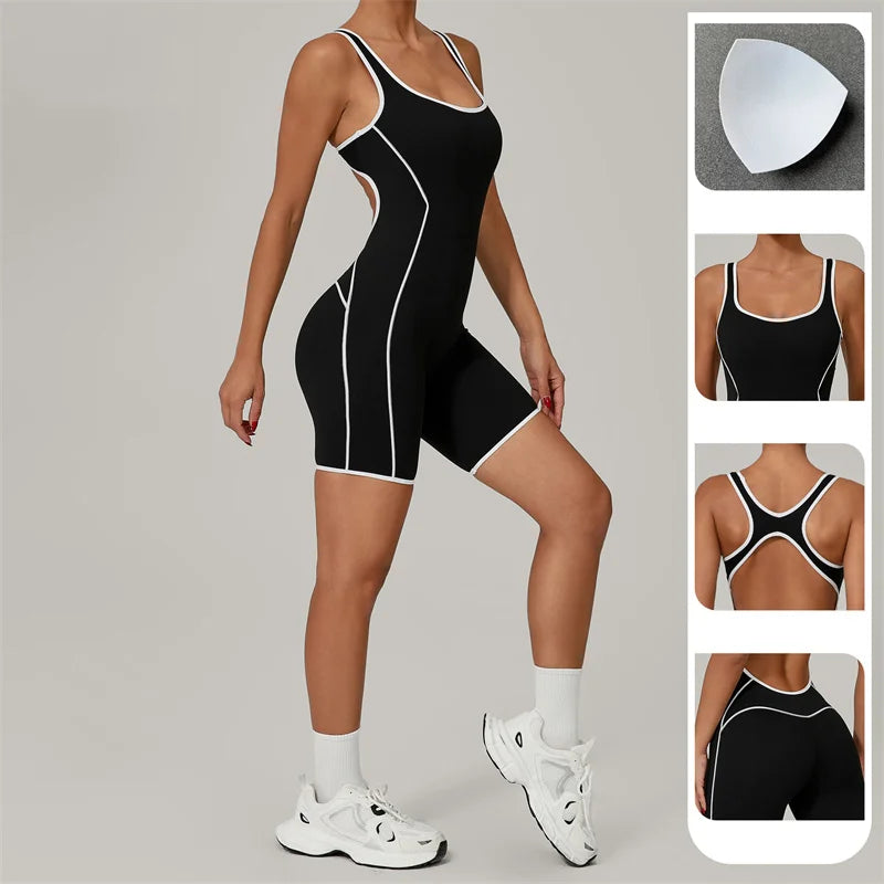 TRY TO BN Yoga Jumpsuit Sports Hollow Back Breathable Contrasting Color Bodysuit Fitness One Piece Set Running Gym Woman Clothes