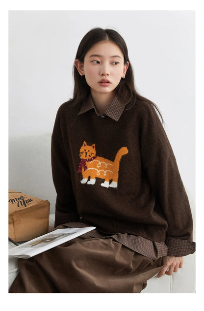 CHIC VEN New Women Sweaters Loose Casual O Neck Cartoon Cat Female Knitted Jumpers Pullovers for Girl Autumn Winter 2025
