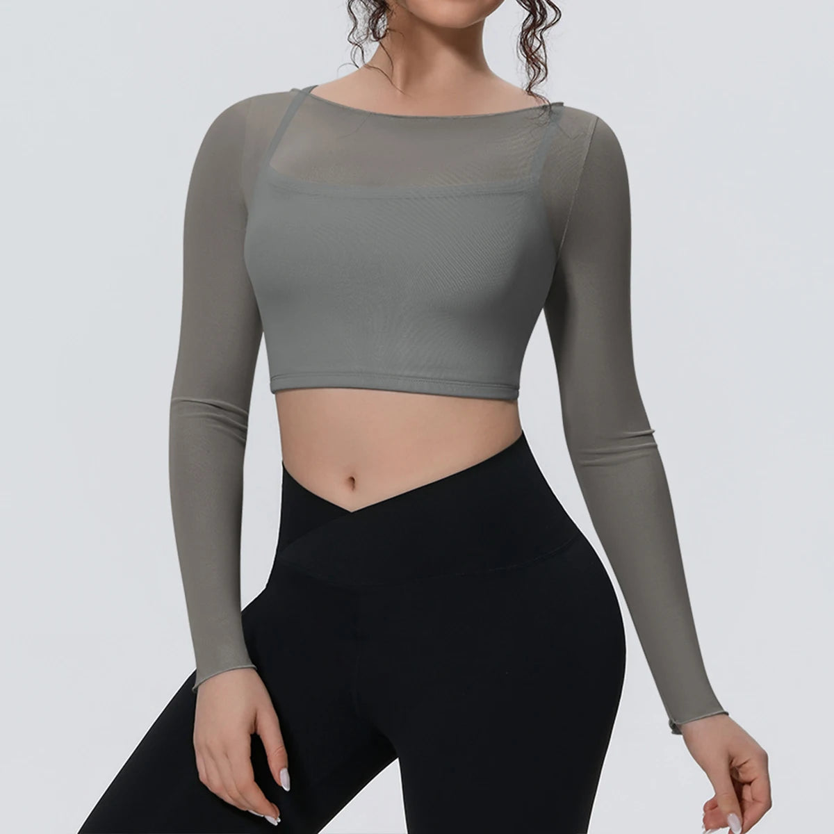 Hearuisavy Women's Mesh Long Sleeve Yoga Top With Padded Bra Fake Two Piece Gym Clothing Fitness Top Quick Dry Sports Crop Top