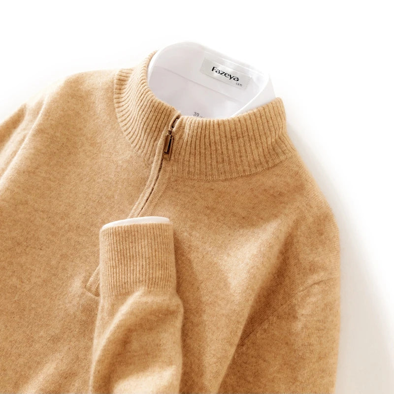 High-end 100% Cashmere Pullover for Men Mock Collar Thick Sweater Autumn Winter Knitted Jumper Warm Clothing Smart Casual Top