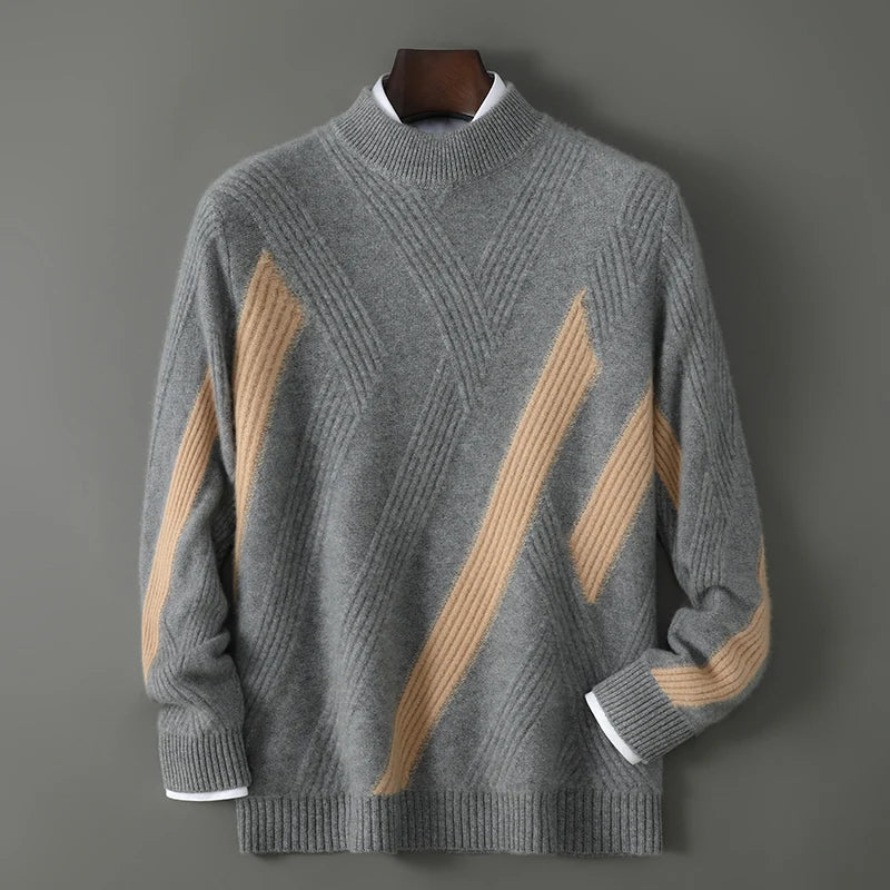 2025 Winter New Product Launch Men's Round Neck Jacquard Cashmere Knit Pullover 100% Pure Wool Men's Sweater Casual Thick Warm