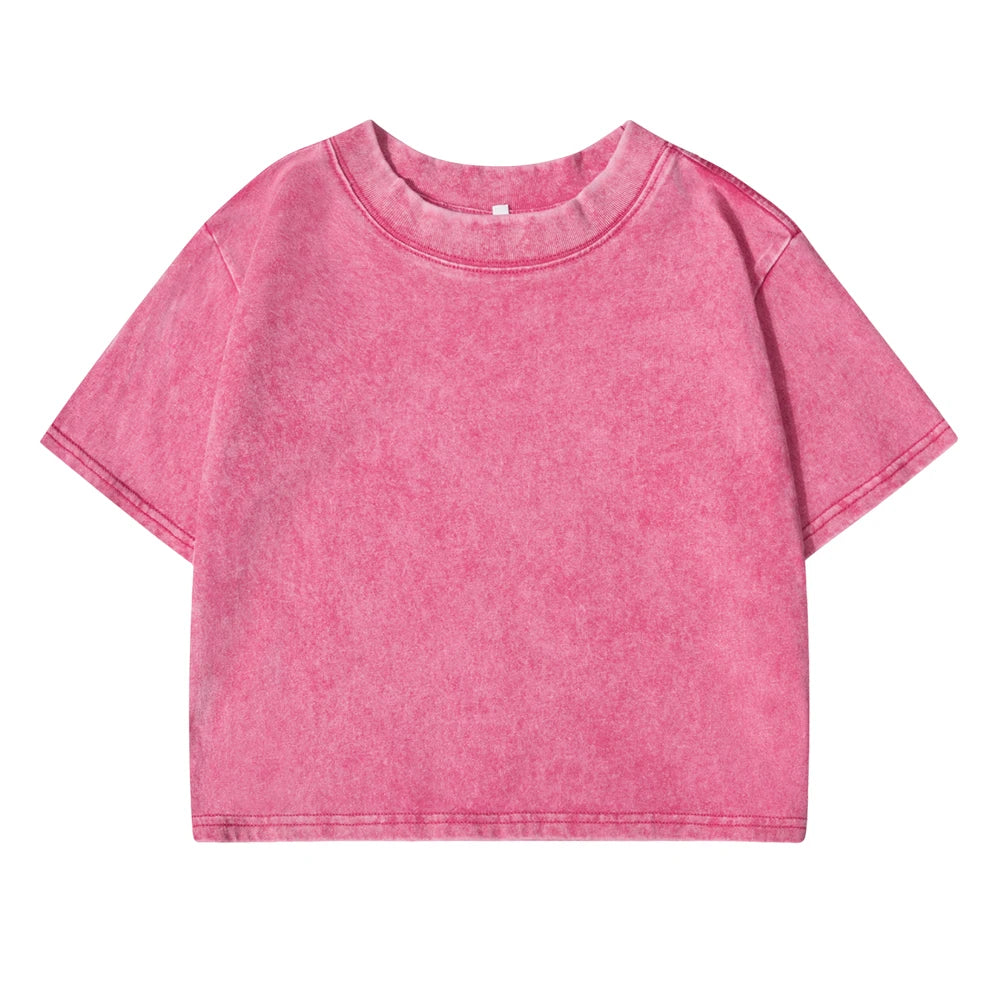Solid Slim Washed T-Shirt Female Fashion Soft Cotton Streetwear Casual Sport Short Sleeve Cool Retro Crop Clothing For Women