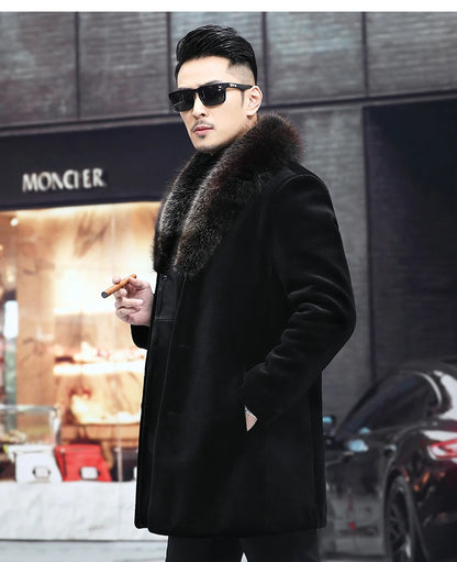 6XL Winter Jacket for Men Sheep Shearling Down Coat Men's Large Fur Collar Midi Long 100% Wool Real Fur Coats and Jackets FCY