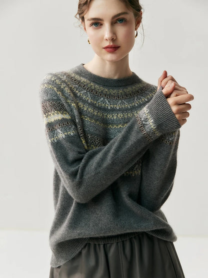 CHICUU Women Autumn Winter O-neck Vintage Style Pullover Sweater 100% Cashmere Knitwear Thick Warm Jacquard Knitting Sweater Top