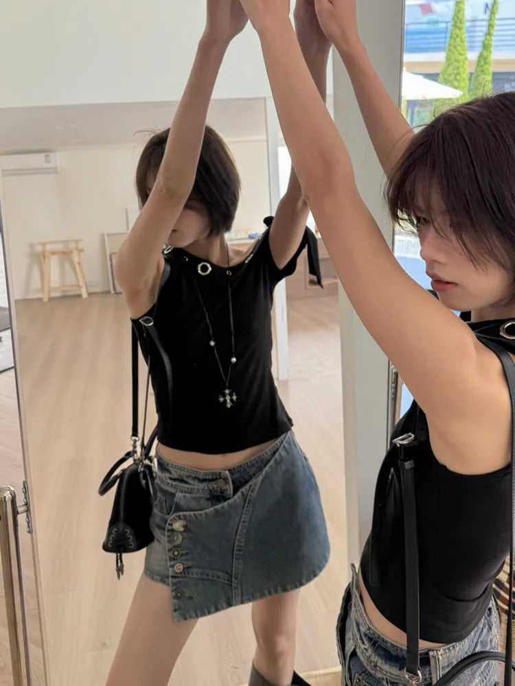DEAT Fashion High Waist Button Detailed Washed Denim Mini Skirt Women's Wrap Design Streetwear Summer Bottoms New 7A4204