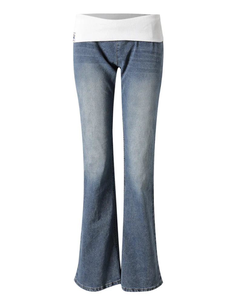 DEAT Fashion Fold Over Waist Flare Jeans Women's Low Waist Slim Light Blue Denim Pants Summer New