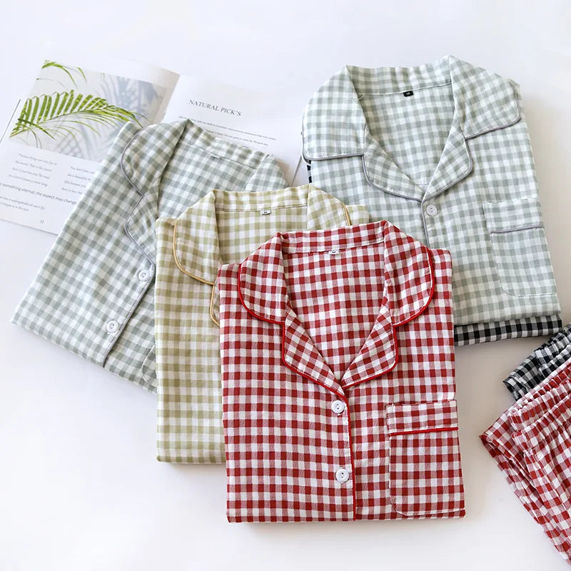 2026 Spring/Summer Couple Pajama Set 100% Cotton Double Layer Gauze Men's and Women's Japanese Plaid Set Long sleeved Home Fury