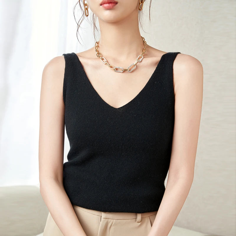 Women's Spring and Autumn 2026 New 100% Merino Wool V-Neck Pullover Knitted Suspender Casual Soft Inner Vest Women's Clothing