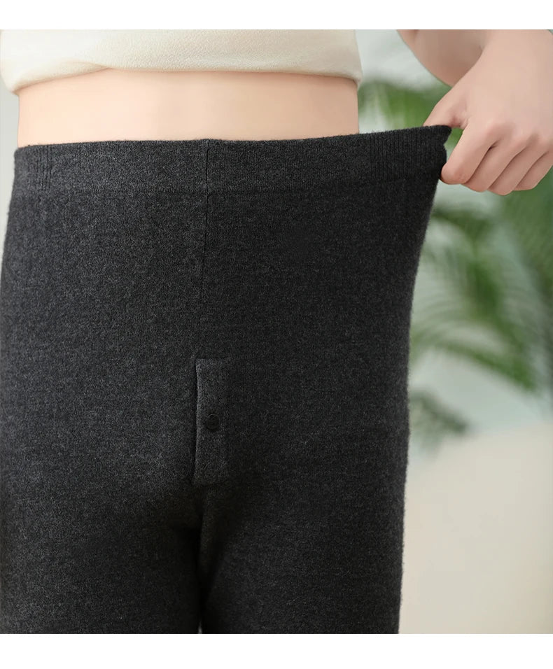 100% Cashmere Knit Leggings Men Winter Wearing Thermal Underwear High Waist Trousers Solid Thicken Elasticity Ankle-Length Pants