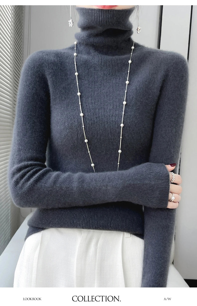 100% Merino Wool Long-sleeved Turtleneck Pullover Women's Autumn Winter Slim Sweater Basic Women's Clothes Cashmere Sweater