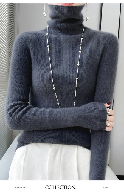 100% Merino Wool Long-sleeved Turtleneck Pullover Women's Autumn Winter Slim Sweater Basic Women's Clothes Cashmere Sweater