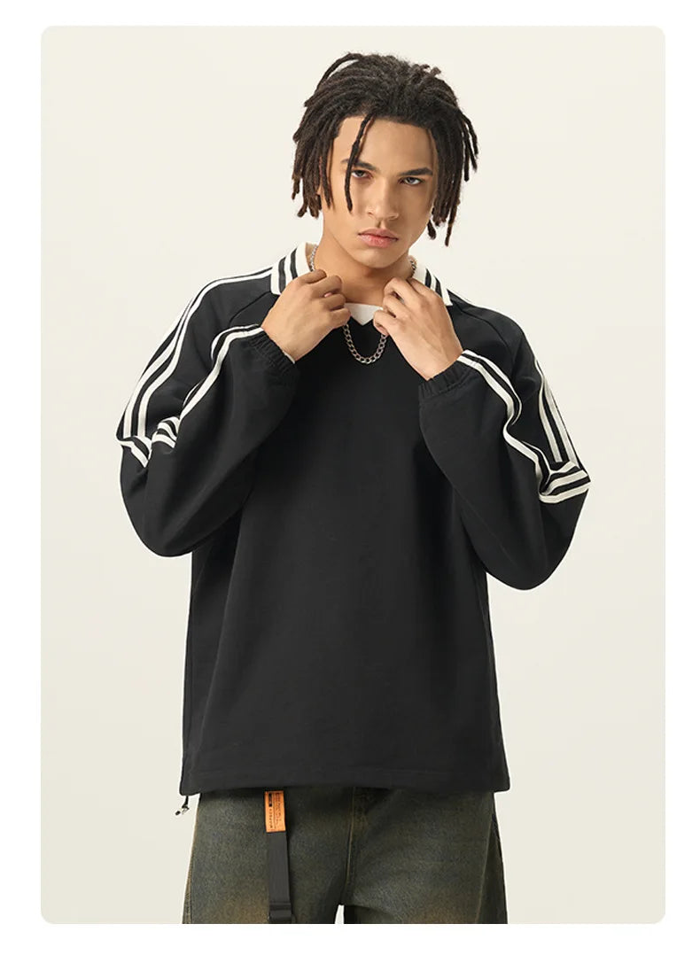 Custom LOGO men's American striped 100% cotton sweater 380G college style contrasting color lapel couple commuter sweater