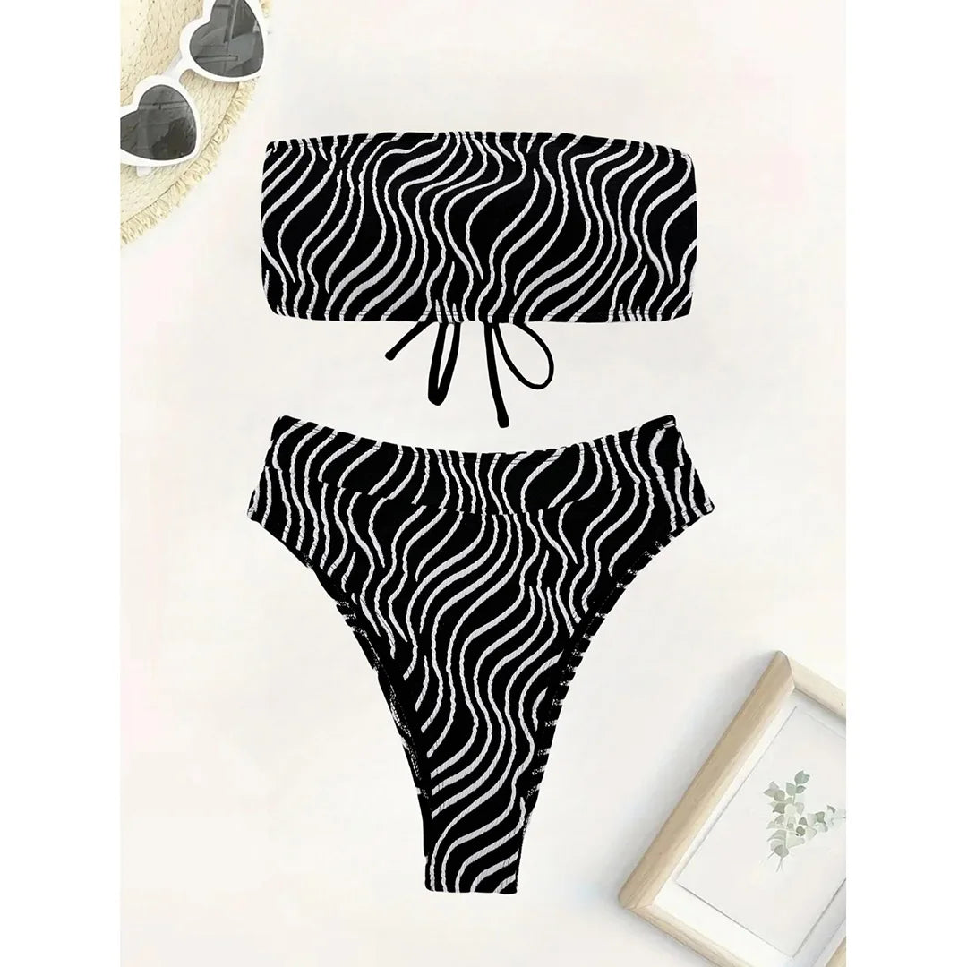 Sexy Wave Striped Bandeau High Waist Bikini Female Swimsuit Women Swimwear Two-pieces Bikini set Bather Bathing Suit Swim V5445