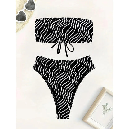 Sexy Wave Striped Bandeau High Waist Bikini Female Swimsuit Women Swimwear Two-pieces Bikini set Bather Bathing Suit Swim V5445