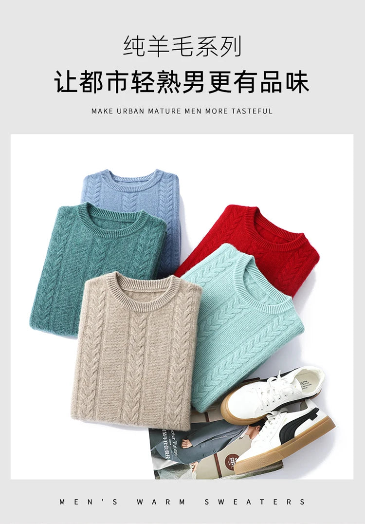 100% Merino Wool Sweater Men's Round Neck Thickened Tops Autumn Winter New Soft Warm Casual Solid Color Knitted Pullover